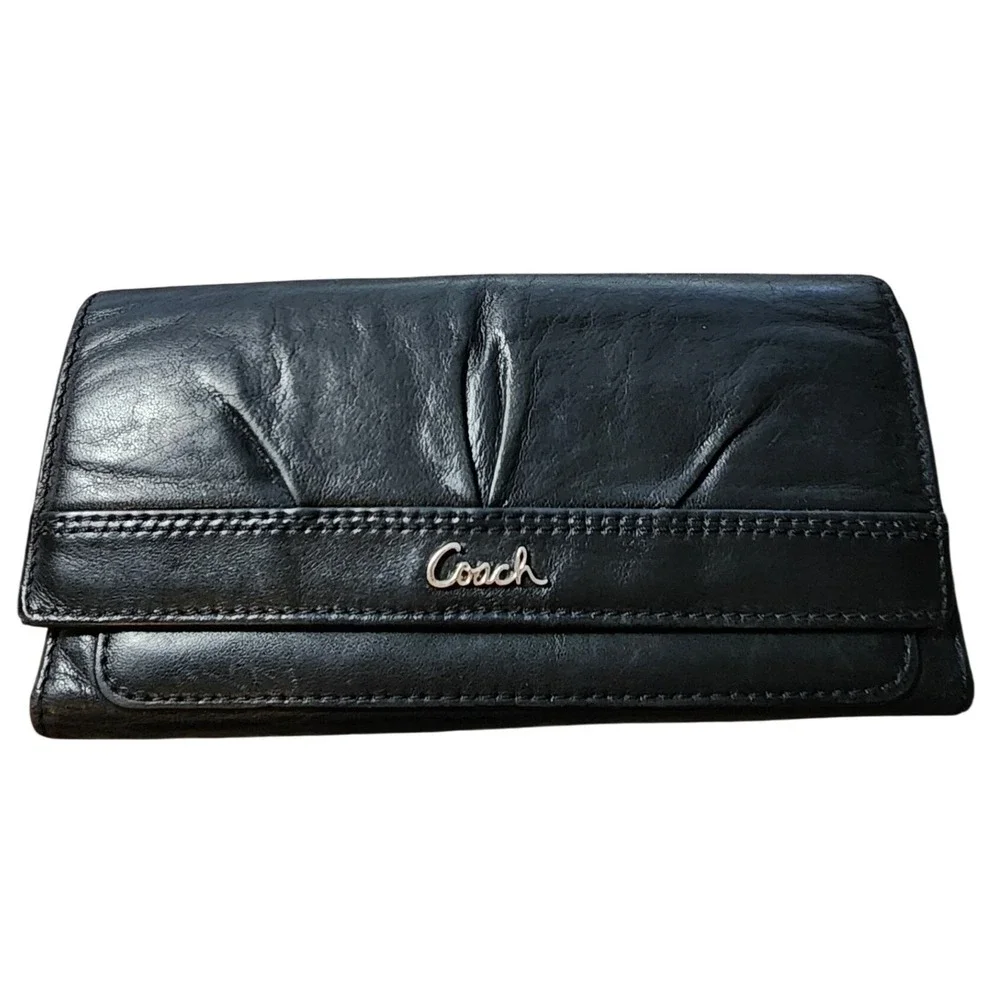 Coach Black Leather Slim Envelope Wallet with Exterior Zipper Pocket Classic